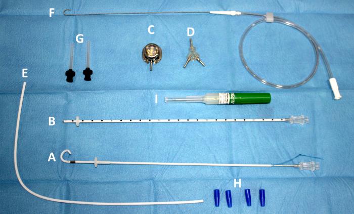 Figura 12. Elementos del Subcutaneous Ureteral Bypass 3.0. (A) Catéter de nefrostomía. Catéter fabricado en poliuretano, con sistema autoretentivo en forma de pigtail. (B) Catéter de cistostomía, fabricado en poliuretano de terminación corta y recta, para disminuir la irritación vesical y cistitis estéril. (C) Puerto de lavado subcutáneo, fabricado en titanio. Posee conexión para el catéter conector-puerto subcutáneo. (D) Conector metálico. Puede ser en forma de Y, para el sistema unilateral; o bien en forma de X para el sistema bilateral. (E) Catéter conector-puerto subcutáneo. (F) Guía metálica. (G) Agujas Huber para limpieza a través del puerto de lavado subcutáneo. (H) Conectores antifuga. (I) Catéter 18G. (J) Conector metálico en forma de X para sistema bilateral.