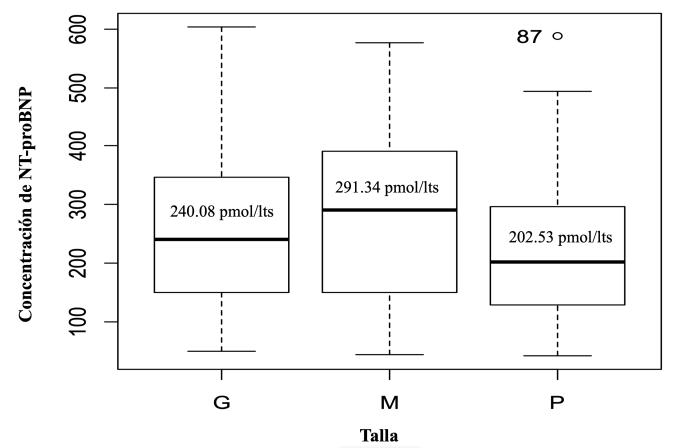 Figura 4. Diagrama de cajas que muestra la homogeneidad de varianzas entre los tres grupos analizados y la presencia de 1 valor atípico en la muestra de caninos menores de 12 kg. Se exponen los valores de la mediana de cada grupo.
