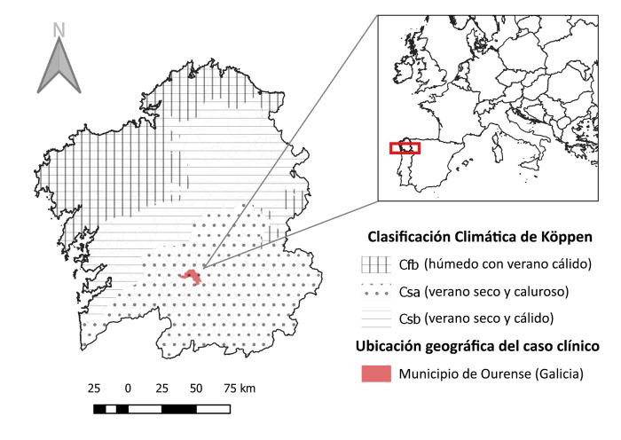 Figura 1. Localización geográfica del caso LF y clasificación climática de Köppen para Galicia.