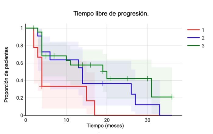 Figura 3. Curvas de Kaplan-Meier del tiempo libre de progresión. El tratamiento quirúrgico solo presenta un tiempo libre de progresión menor, estadísticamente significativo cuando se lo compara con el tratamiento combinado. La radioterapia y la ECT como adyuvantes no presentaron diferencias significativas.