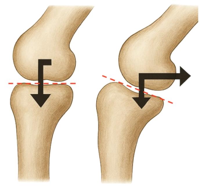 Figura 2. Un AMT más grande produce una mayor fuerza craneal sobre la tibia durante la carga (elaboración propia).