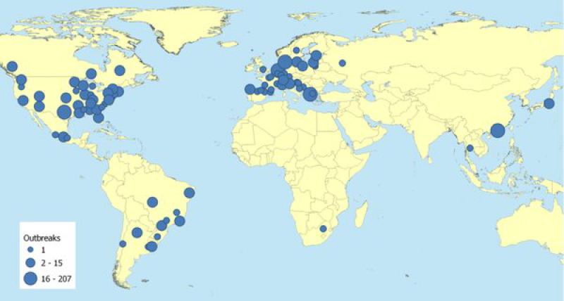 Figura 15. Distribución geográfica de los focos de COVID-19 en animales. Fuente: OIE. Actualizada por última vez el 3 de junio de 2021.
