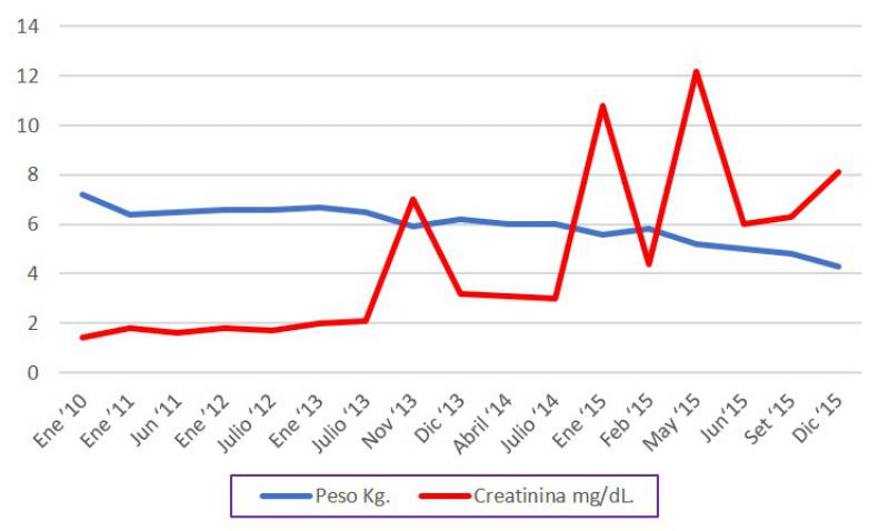 Figura 4. Evolución en el tiempo del peso (kg) y la concentración sérica de creatinina (mg/dl) del paciente.